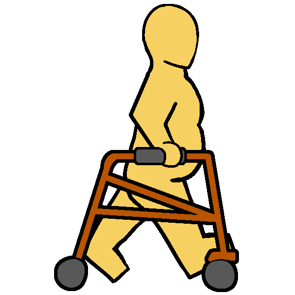 A yellow fat person walking with an orange posterior walker.